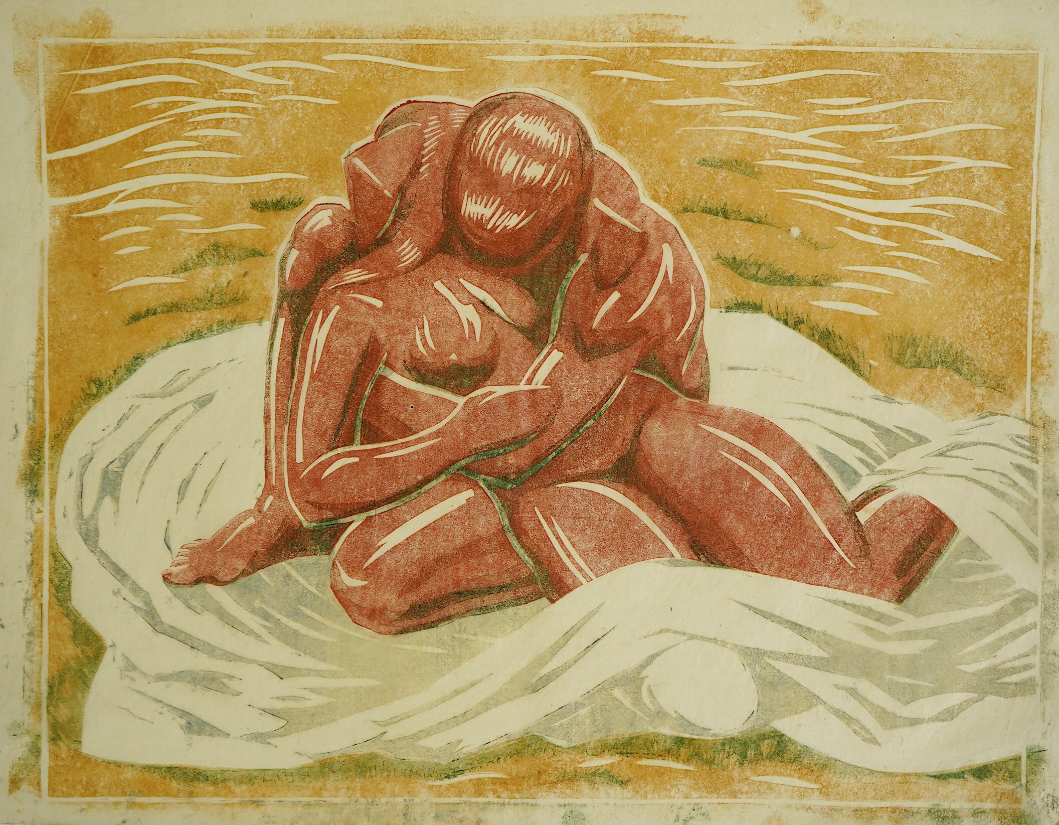 Margaret Barnard (British, 1900-1992), Lovers, c.1930, linoleum cut printed in colours on tissue-thin oriental laid paper, 26 x 36cm